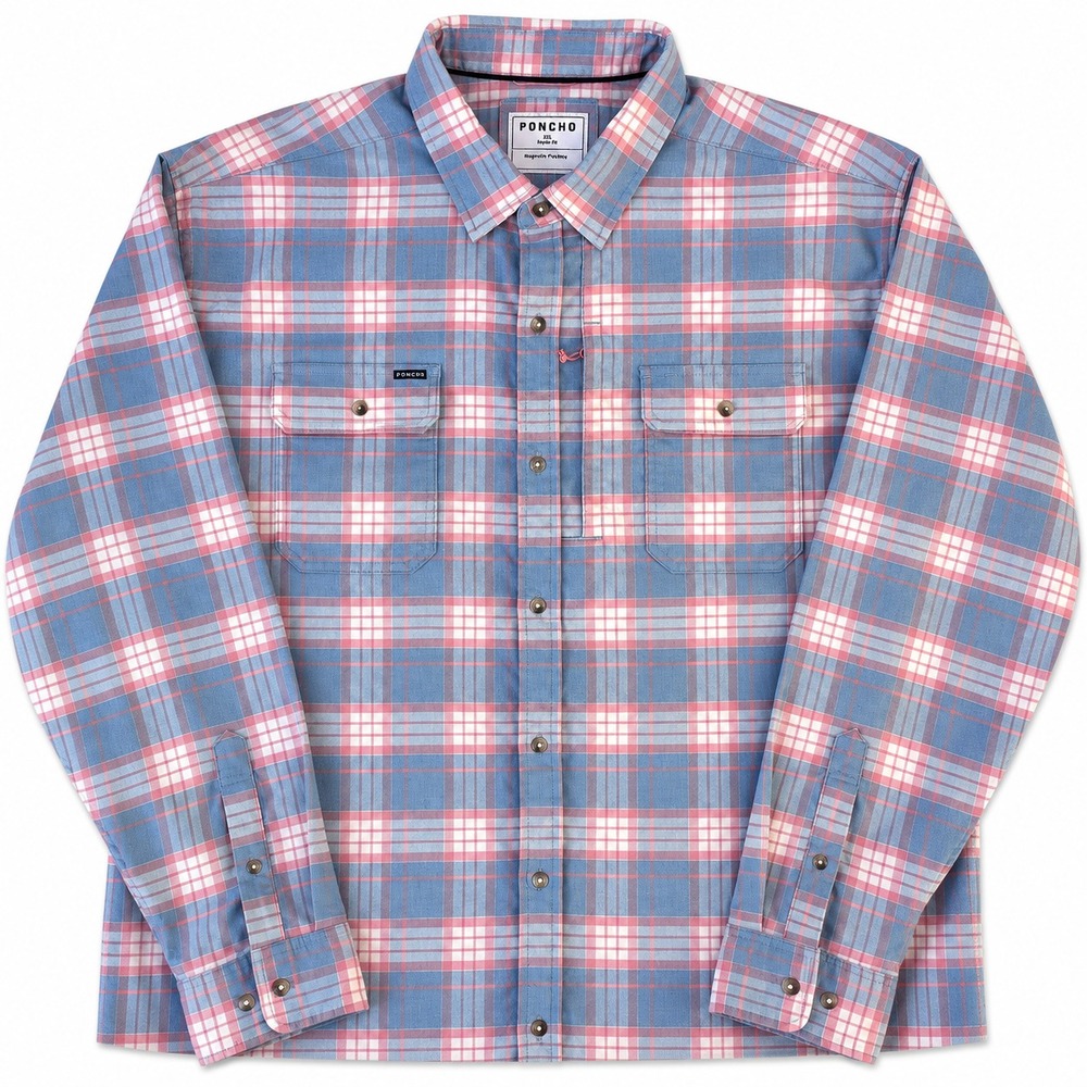 Poncho The Madaket Performance Flannel Shirt Mens XXL Blue Pink Plaid Magnetic